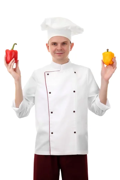 厨师与孤立白胡椒的肖像 — 图库照片