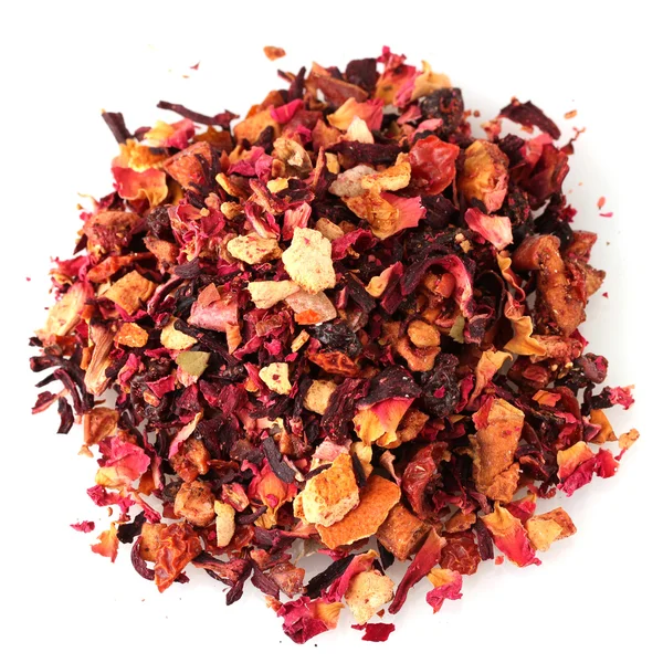 Aromatic dry tea with fruits and petals, isolated on white — Stock Photo, Image