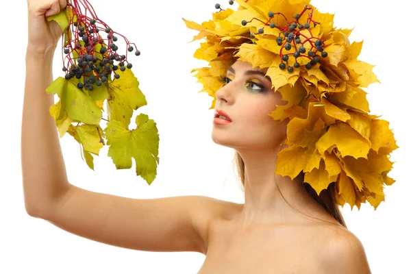 Beautiful young woman with yellow autumn wreath, isolated on white — Stock Photo, Image