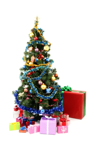 Decorated Christmas tree with gifts isolated on white — Stock Photo, Image