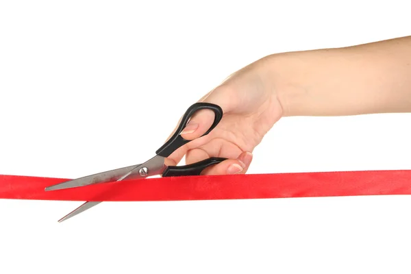 Cutting red ribbon isolated on white — Stock Photo, Image