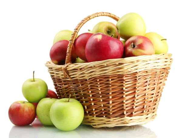 Juicy apples in basket, isolated on white — Stock Photo, Image