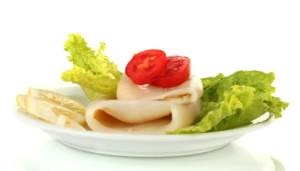 Boiled squids with vegetables on the plate isolated on white — Stock Photo, Image