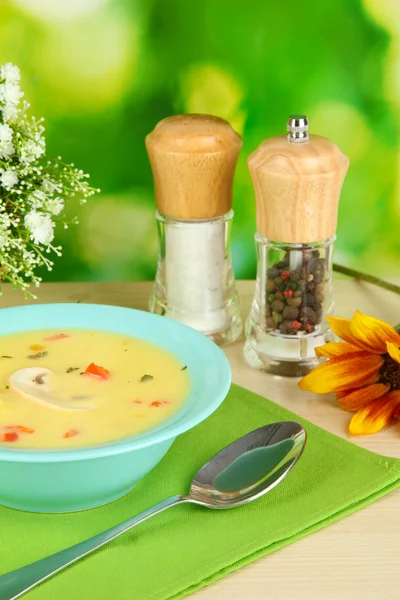 Duftende Suppe in blauem Teller auf Tisch auf natürlichem Hintergrund Nahaufnahme — Stockfoto