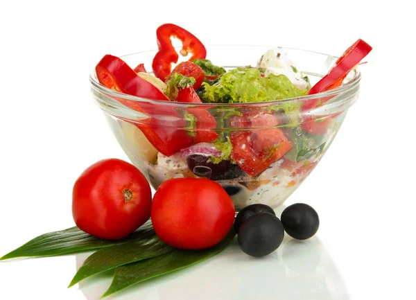 Fresh greek salad in glass bowl isolated on white — Stock Photo, Image