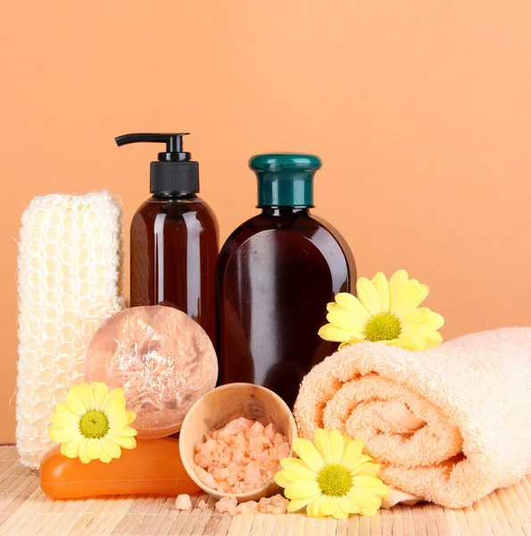 Set for care of a body on peach background — Stock Photo, Image