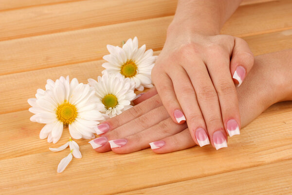 Woman hands with french manicure and flowers on wooden background