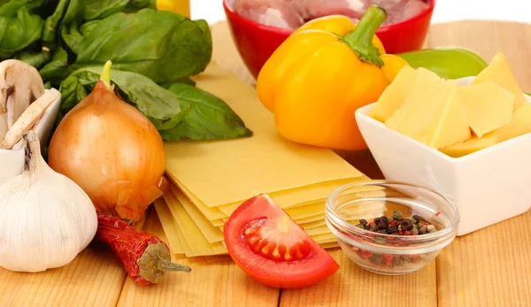 Lasagna ingredients on wooden background — Stock Photo, Image