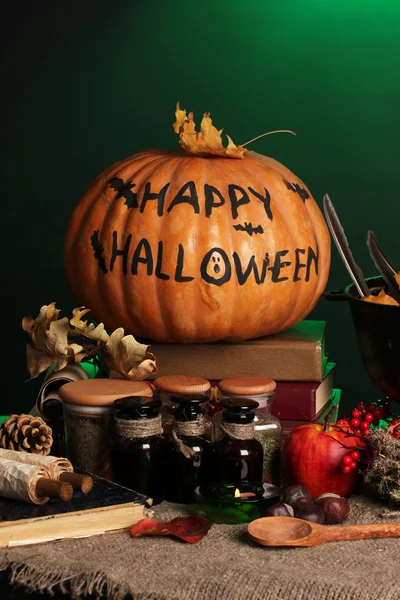 Detail photo of Scary halloween laboratory in green light — Stock Photo, Image