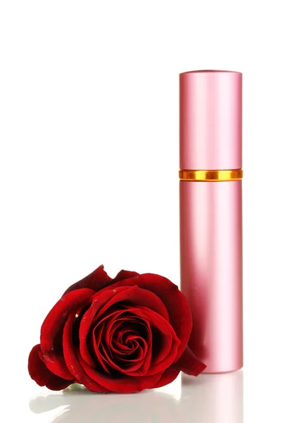 Perfume de mujer en hermosa botella con rosa aislada en blanco —  Fotos de Stock