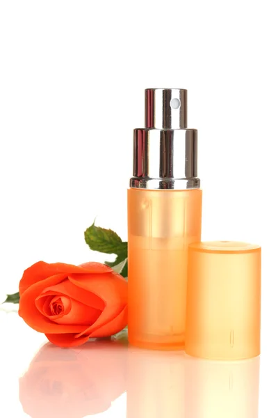 Women's perfume in beautiful bottle with rose isolated on white — Stock Photo, Image