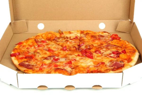 Tasty pizza in box close-up — Stock Photo, Image