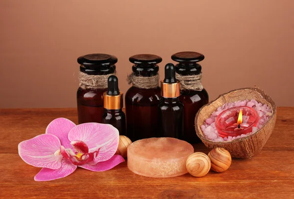 Ingredients for soap making on brown background — Stock Photo, Image