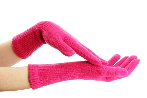 Vrouw gebreide handschoenen op handen, geïsoleerd op wit — Stockfoto