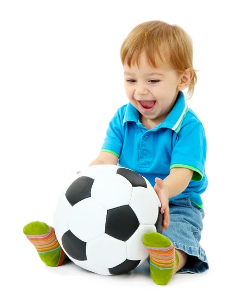 Carino bambino con palla da calcio, isolato su bianco — Foto Stock