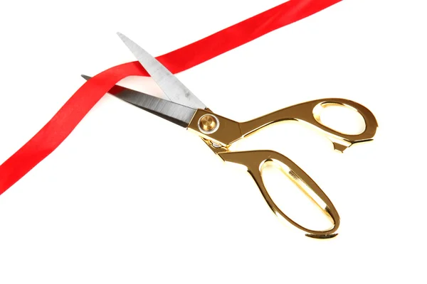 Cutting red ribbon isolated on white — Stock Photo, Image