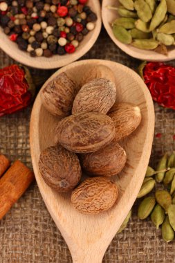 Küçük Hindistan cevizi ve diğer baharatlar çul zemin üzerine