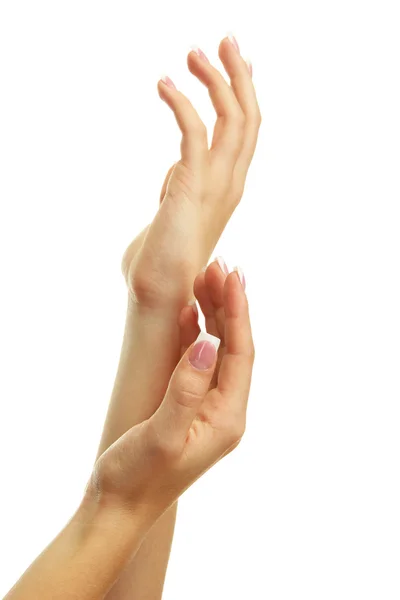 Beautiful woman hands with french manicure, isolated on white — Stock Photo, Image