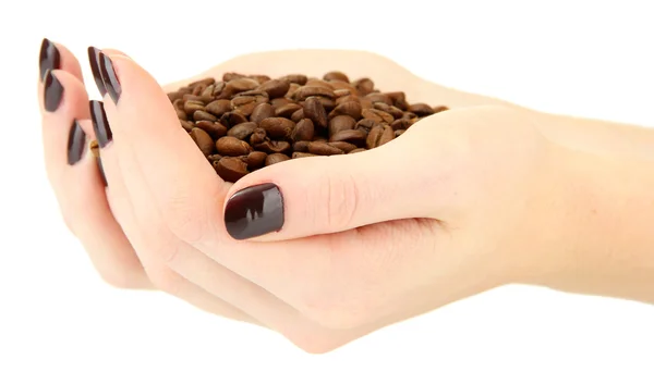 Female hands with coffee beans, isolated on white — Stock Photo, Image