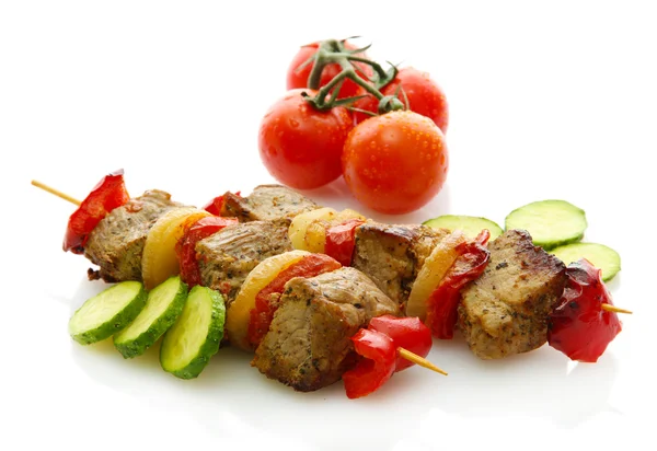 Tasty grilled meat and vegetables on skewers, isolated on white — Stock Photo, Image