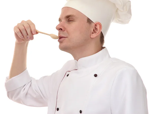 Portrait of chef with spoon isolated on white — Stock Photo, Image