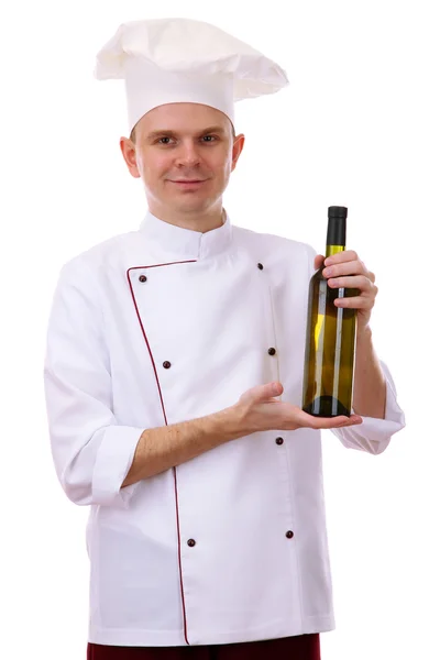 Retrato de chef com vinho isolado em branco — Fotografia de Stock