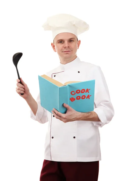 Retrato de chef com livro de receitas isolado em branco — Fotografia de Stock