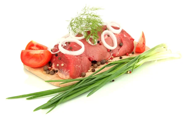 Raw beef meat marinated with herbs and spices isolated on white — Stock Photo, Image