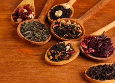 assortment of dry tea in spoons, on wooden background clipart