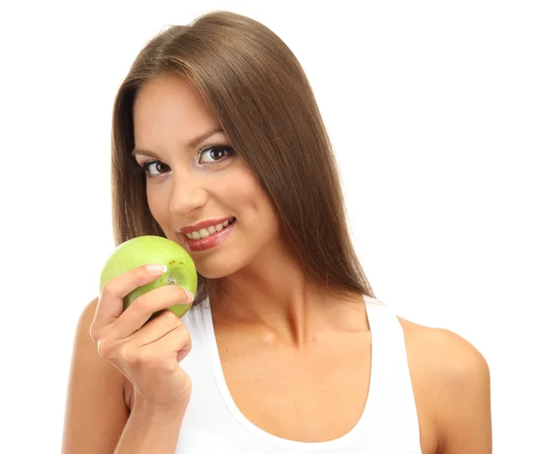 Yeşil elma, üzerinde beyaz izole olan güzel kadın — Stok fotoğraf