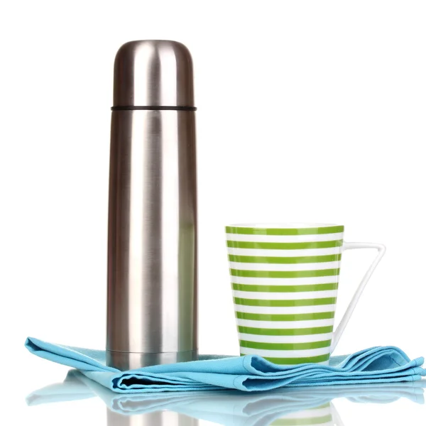 Metalen thermos met kop geïsoleerd op wit — Stockfoto