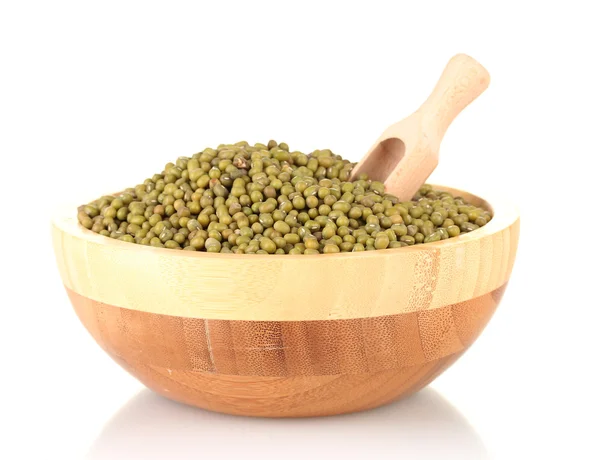 Green mung beans with scoop in bowl isolated on white — Stock Photo, Image