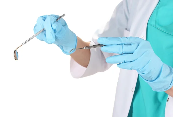 Arzt mit medizinischen Instrumenten isoliert auf weiß — Stockfoto