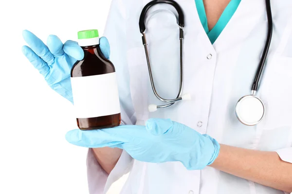 Doctor with bottle isolated on white — Stock Photo, Image