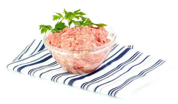 Bowl of raw ground meat isolated on white — Stock Photo, Image