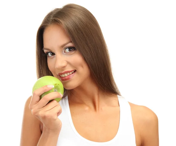 Beautiful young woman with green apple, isolated on white Stock Photo