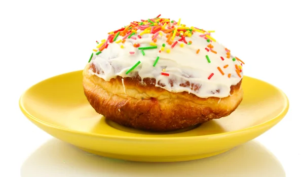 Tasty donut on color plate isolated on white — Stock Photo, Image