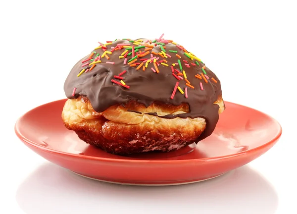 Donut saboroso na placa de cor isolada no branco — Fotografia de Stock