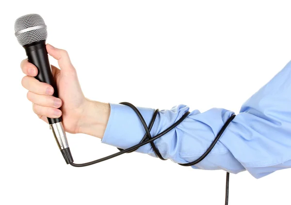 Mano masculina con micrófono aislado en blanco — Foto de Stock