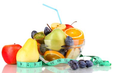 cam kase meyveli diyet ve üzerinde beyaz izole bant ölçme