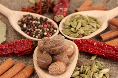 Küçük Hindistan cevizi ve diğer baharatlar çul zemin üzerine