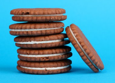 kremsi katman üzerinde mavi arka plan ile çikolatalı kurabiye