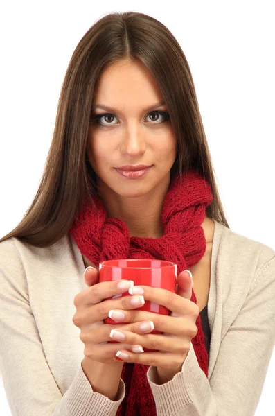 Mooie jonge vrouw met een kopje thee, geïsoleerd op wit — Stockfoto