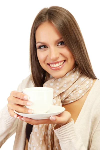 Kahve, beyaz izole olan güzel kadın — Stok fotoğraf