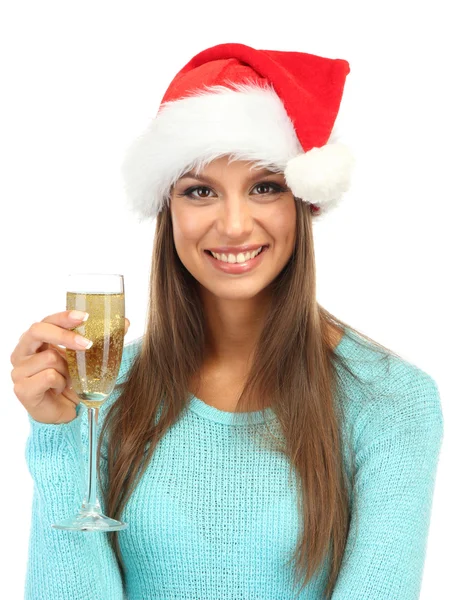 Beautiful young woman with glass of champagne, isolated on white — Stock Photo, Image