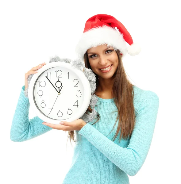 Beautiful young woman with clock, isolated on white — Stock Photo, Image