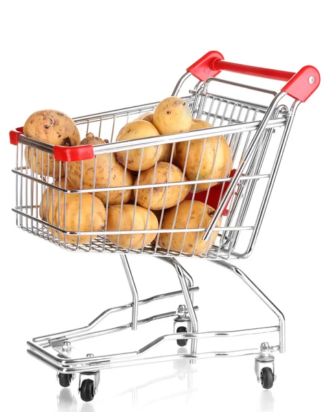 Ripe potatoes in trolley isolated on white — Stock Photo, Image