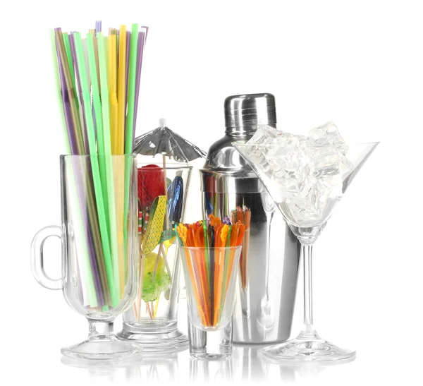 Cocktail shaker and other bartender equipment isolated on white — Stock Photo, Image