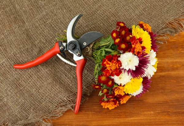 Tijeras de podar con flores sobre tela de saco sobre fondo de madera — Foto de Stock