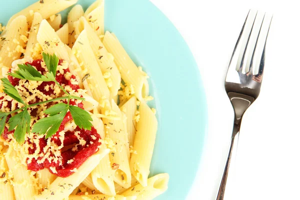 Rigatoni prato de massas com molho de tomate de perto — Fotografia de Stock